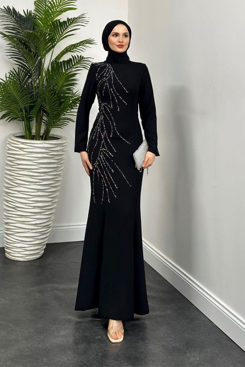 Frezya Yanı Taşlı Balık Abiye Siyah