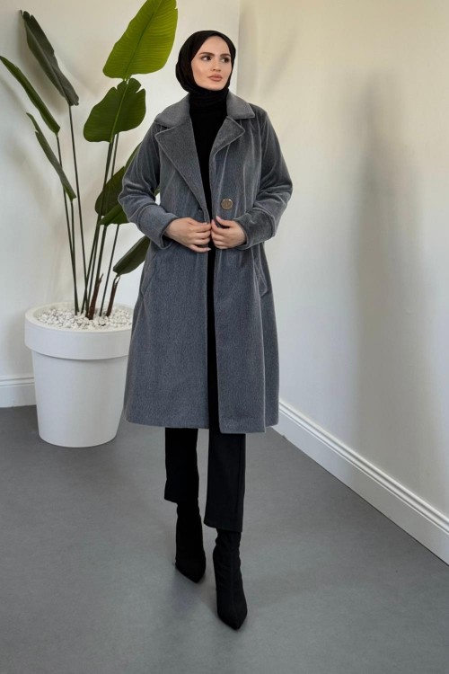 Fringe Astarlı Kaşmir Kaşe Kaban Füme