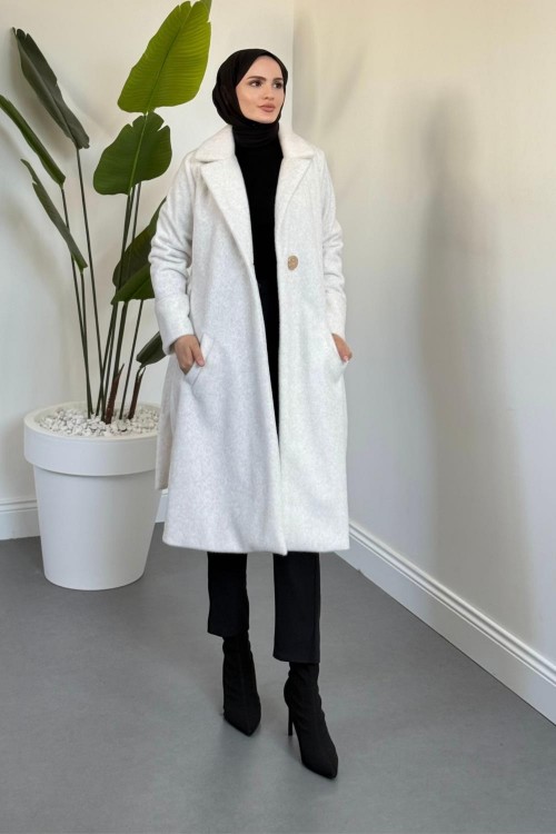 Fringe Astarlı Kaşmir Kaşe Kaban Krem