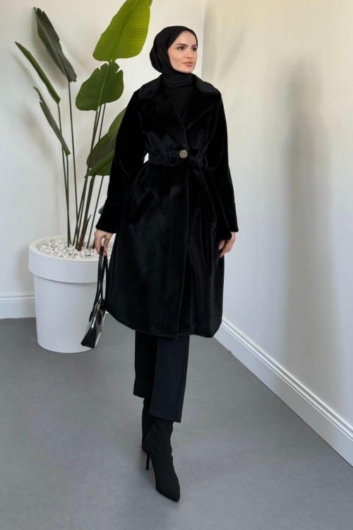 Fringe Astarlı Kaşmir Kaşe Kaban Siyah