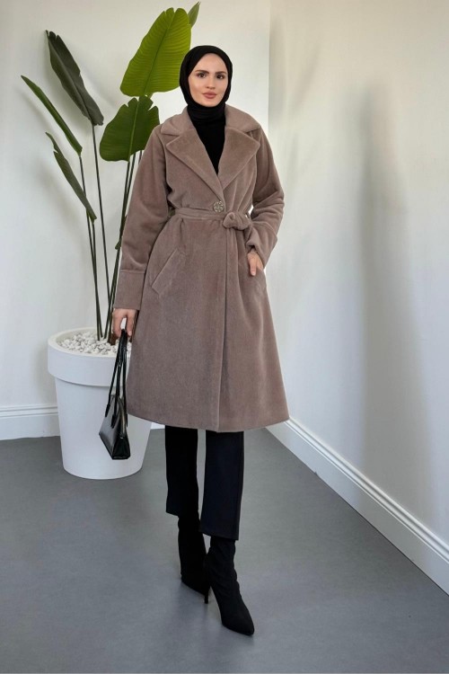 Fringe Astarlı Kaşmir Kaşe Kaban Vizon