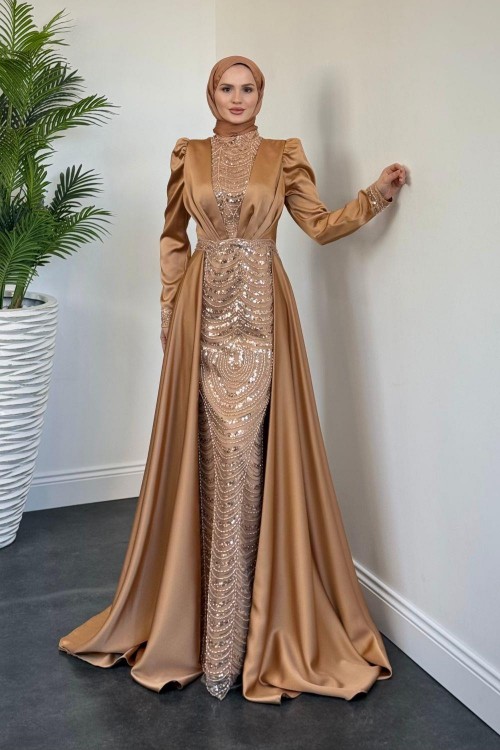 Gabriella Pelerinli Saten Abiye Gold