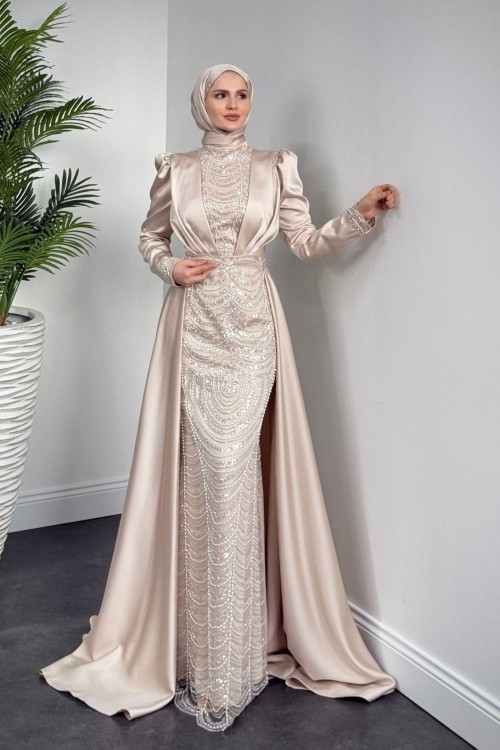 Gabriella Pelerinli Saten Abiye Krem