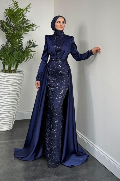 Gabriella Pelerinli Saten Abiye Lacivert