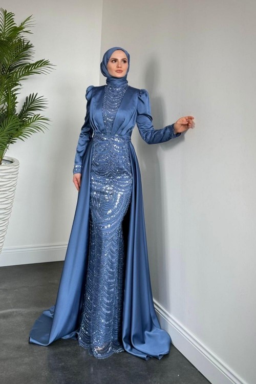 Gabriella Pelerinli Saten Abiye Mavi