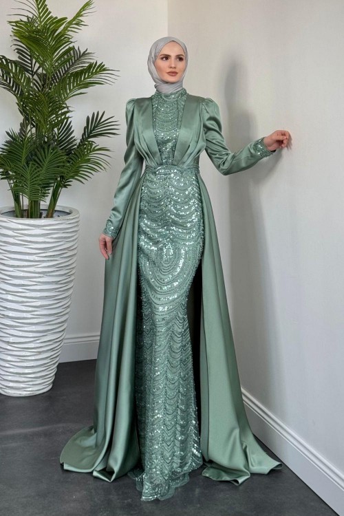 Gabriella Pelerinli Saten Abiye Mint