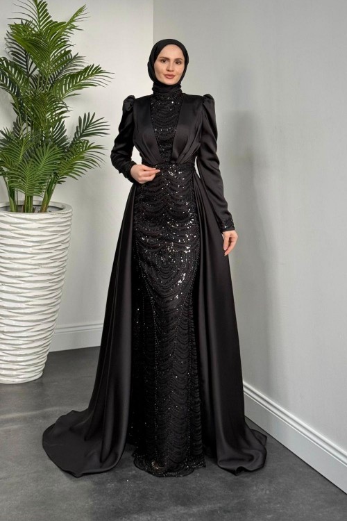 Gabriella Pelerinli Saten Abiye Siyah