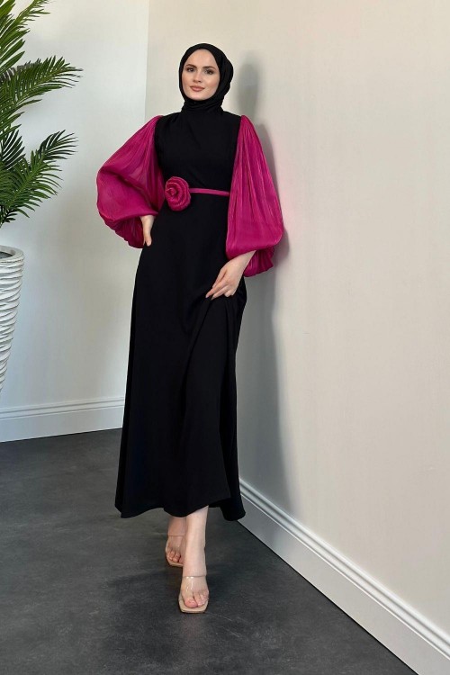 Galida Gül Kemerli Balon Kol Abiye Fuşya