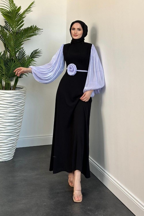 Galida Gül Kemerli Balon Kol Abiye Lila