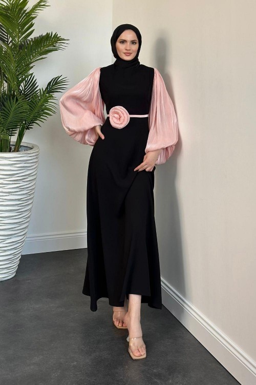 Galida Gül Kemerli Balon Kol Abiye Pudra