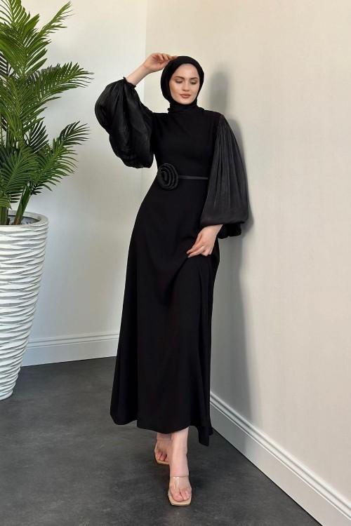 Galida Gül Kemerli Balon Kol Abiye Siyah
