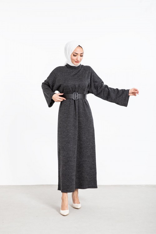 Geniş Kol Kemerli Elbise Füme