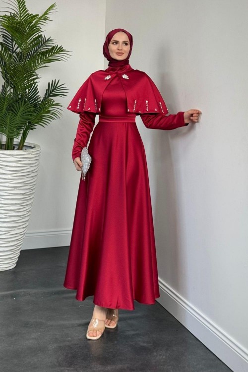 Giorgia Pelerinli Taşlı Saten Abiye Bordo