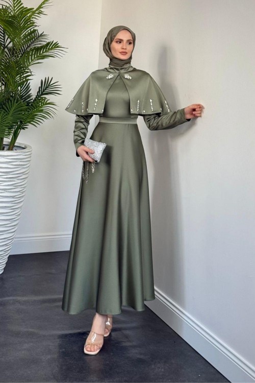Giorgia Pelerinli Taşlı Saten Abiye Haki