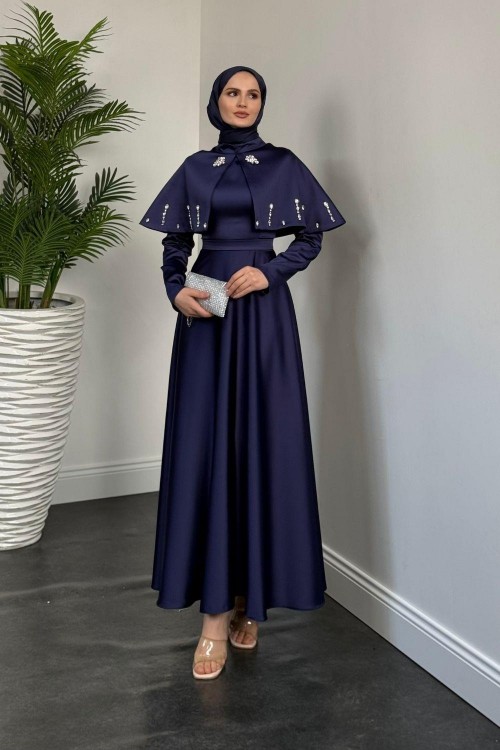 Giorgia Pelerinli Taşlı Saten Abiye Lacivert