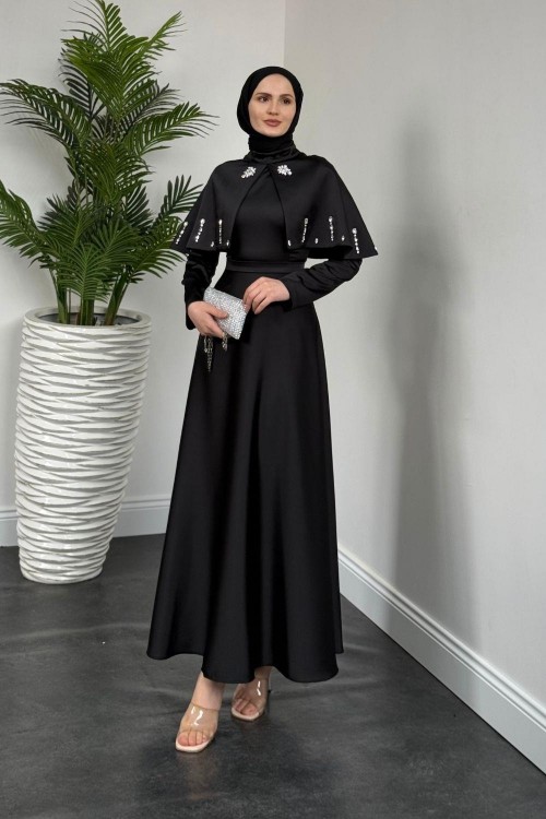 Giorgia Pelerinli Taşlı Saten Abiye Siyah