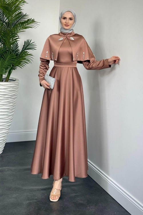 Giorgia Pelerinli Taşlı Saten Abiye Somon