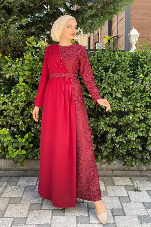 Gögsü İşlemeli Dantel Abiye Bordo