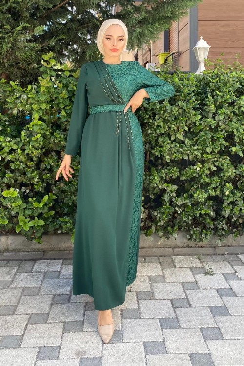 Gögsü İşlemeli Dantel Abiye Yeşil