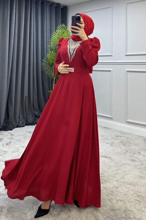 Göğsü Ve Kemeri Taşlı Abiye Bordo