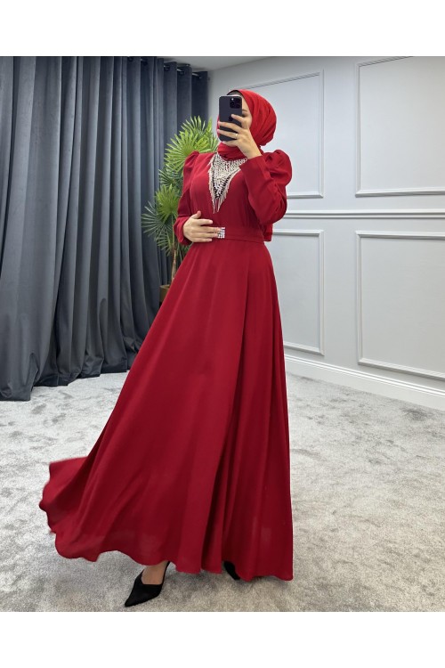 Göğsü Ve Kemeri Taşlı Abiye Bordo