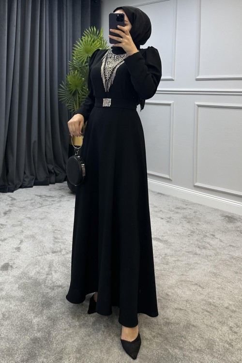 Göğsü Ve Kemeri Taşlı Abiye Siyah