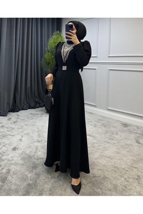 Göğsü Ve Kemeri Taşlı Abiye Siyah