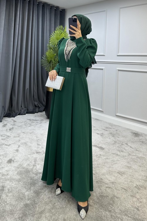 Göğsü Ve Kemeri Taşlı Abiye Yeşil