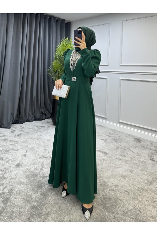 Göğsü Ve Kemeri Taşlı Abiye Yeşil