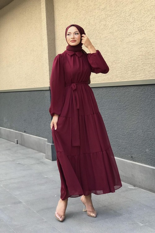 Gömlek Yaka Şifon Elbise Bordo