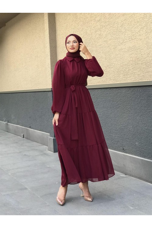 Gömlek Yaka Şifon Elbise Bordo