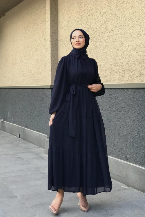 Gömlek Yaka Şifon Elbise Lacivert