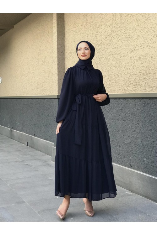 Gömlek Yaka Şifon Elbise Lacivert