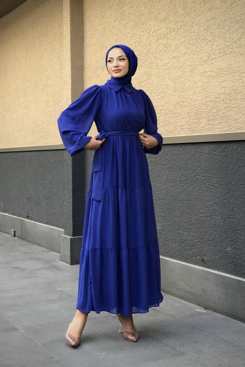 Gömlek Yaka Şifon Elbise Saks