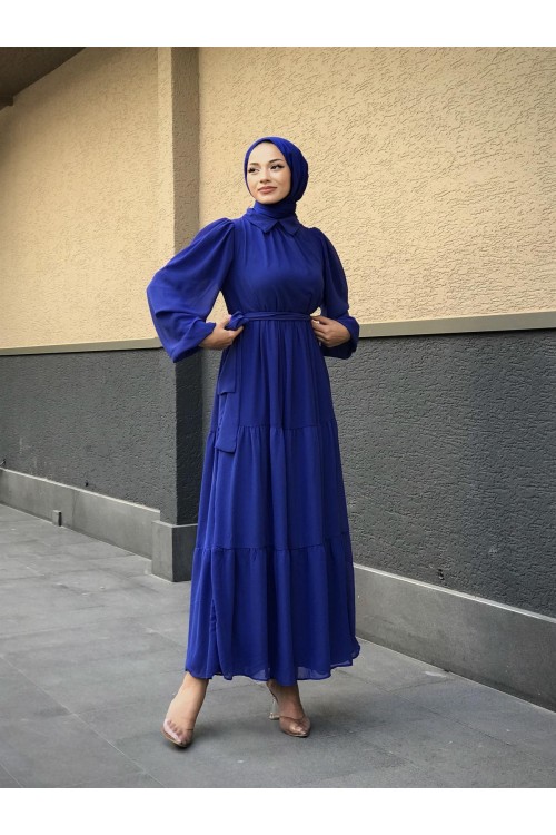 Gömlek Yaka Şifon Elbise Saks