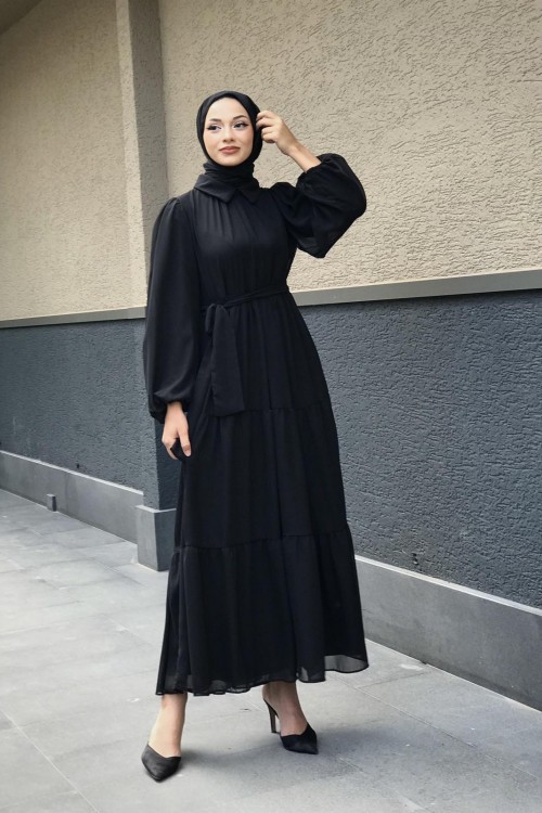 Gömlek Yaka Şifon Elbise Siyah