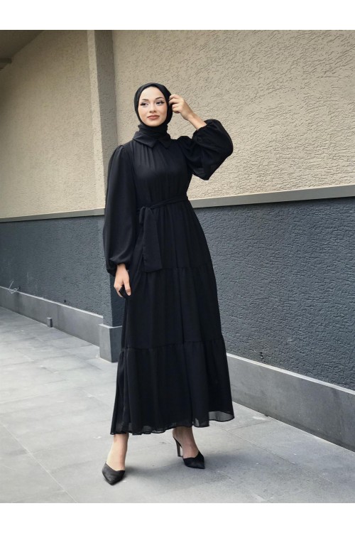 Gömlek Yaka Şifon Elbise Siyah