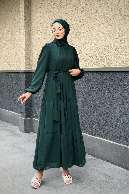 Gömlek Yaka Şifon Elbise Zümrüt