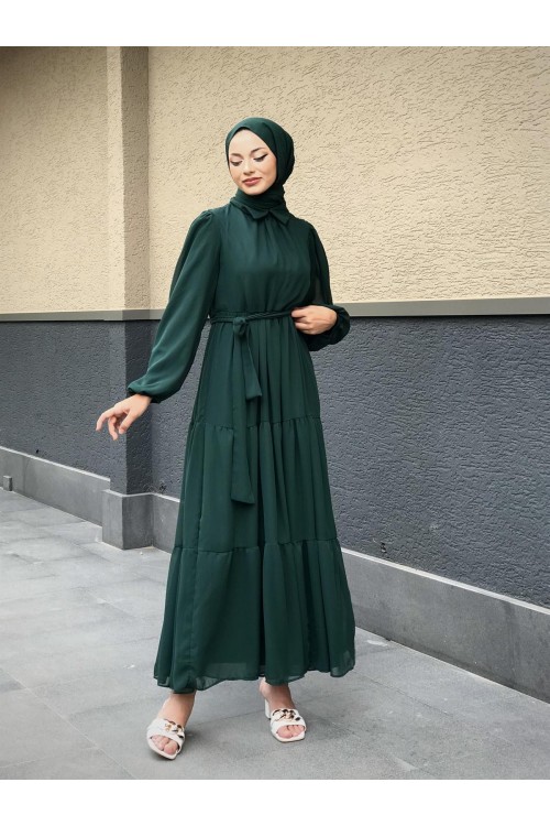 Gömlek Yaka Şifon Elbise Zümrüt