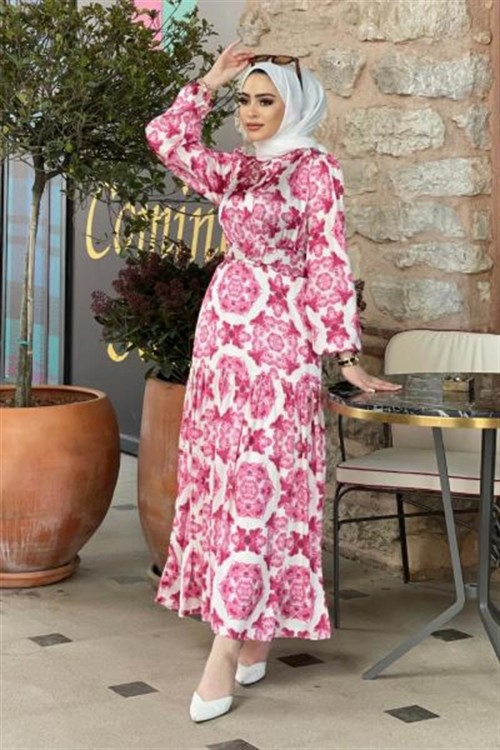 Gül Desenli Elbise Pembe