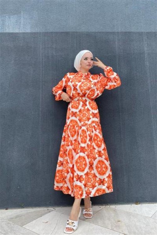 Gül Desenli Elbise Turuncu