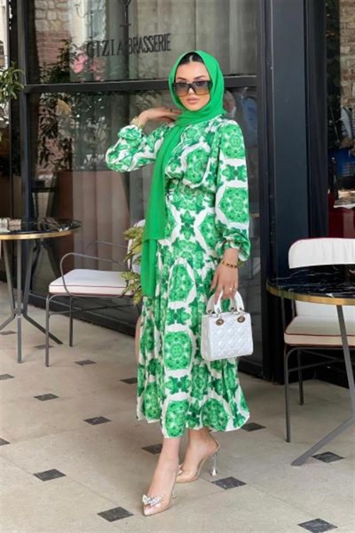 Gül Desenli Elbise Yeşil