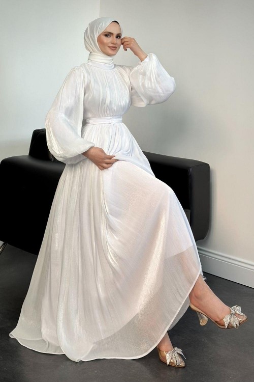 Hailey Janjan Kuşaklı Abiye Beyaz