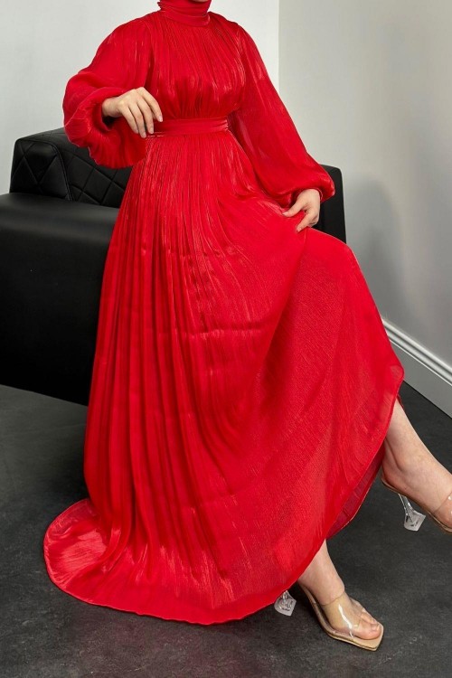 Hailey Janjan Kuşaklı Abiye Kırmızı