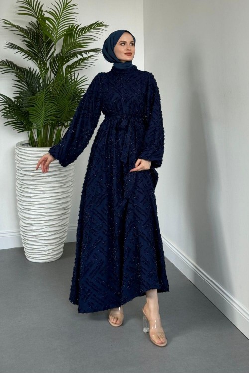 Harwor Simli Balon Kol Abiye Lacivert