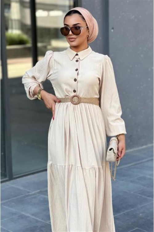 Hasır Kemerli Börümcük Elbise Bej