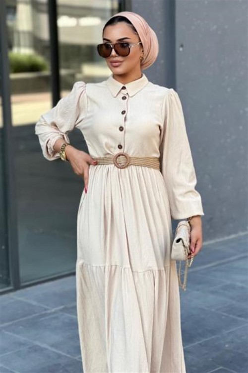 Hasır Kemerli Börümcük Elbise Bej