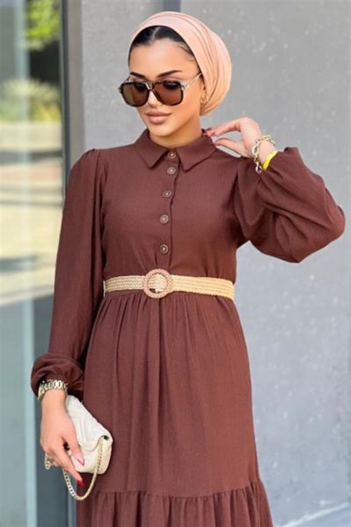 Hasır Kemerli Börümcük Elbise Kahverengi