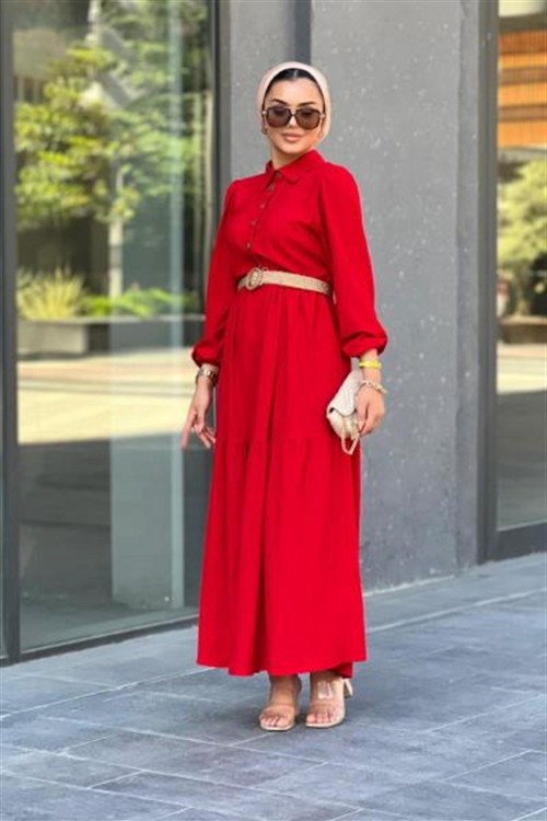 Hasır Kemerli Börümcük Elbise Kırmızı