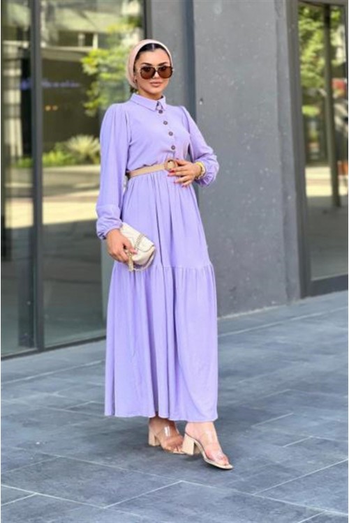 Hasır Kemerli Börümcük Elbise Lila